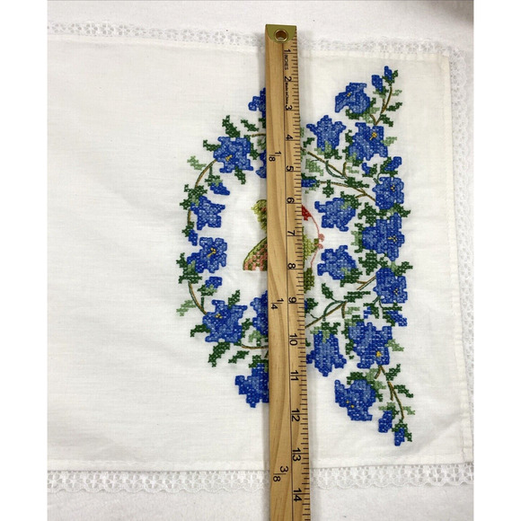 Two Hummingbird‎ Floral Embroidered Table Runners White Cotton Lace Trim - Picture 6 of 10
